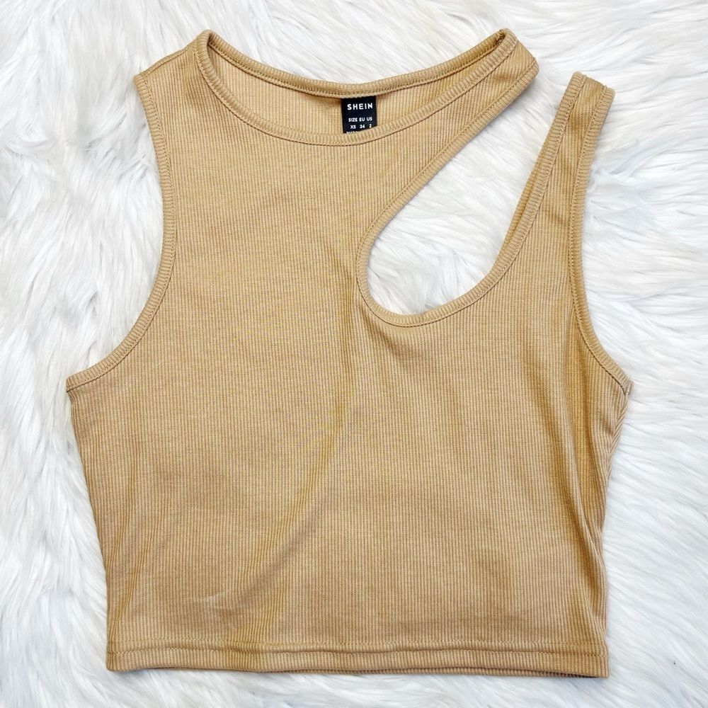 SHEIN Ribbed Cut Out High Neck Tank Top Tan Size XS